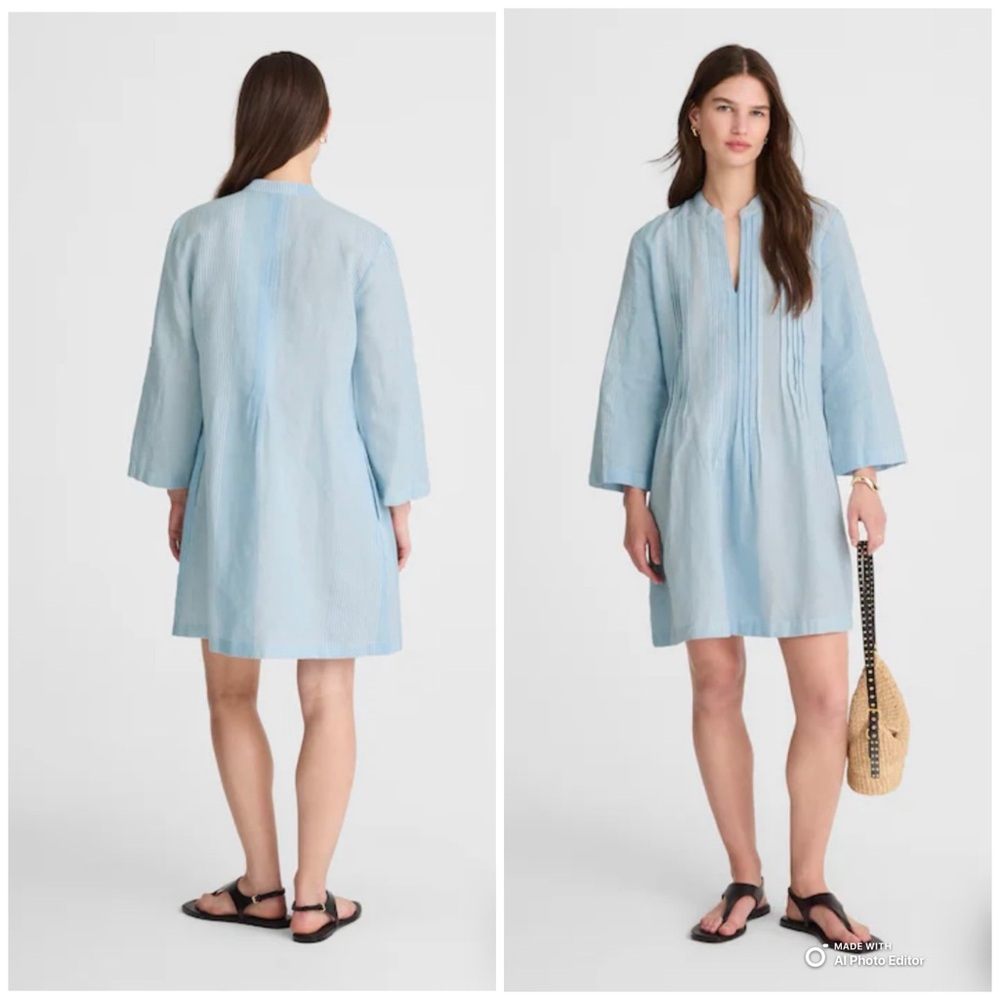 Madewell Pleated Splitneck Mini Shirtdress in Blue Stripe Size Small NWT